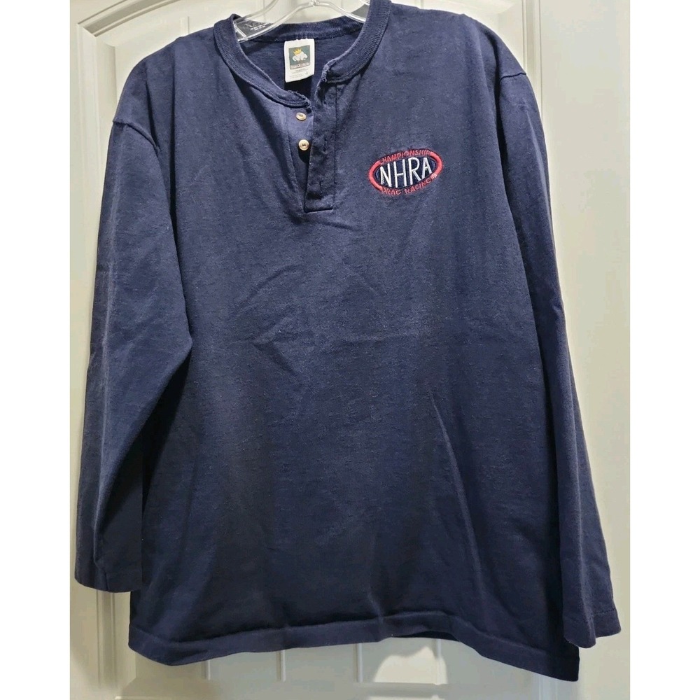 Vintage NHRA Drag Racing Henley Shirt Mens Large Navy Cotton Deluxe USA Made